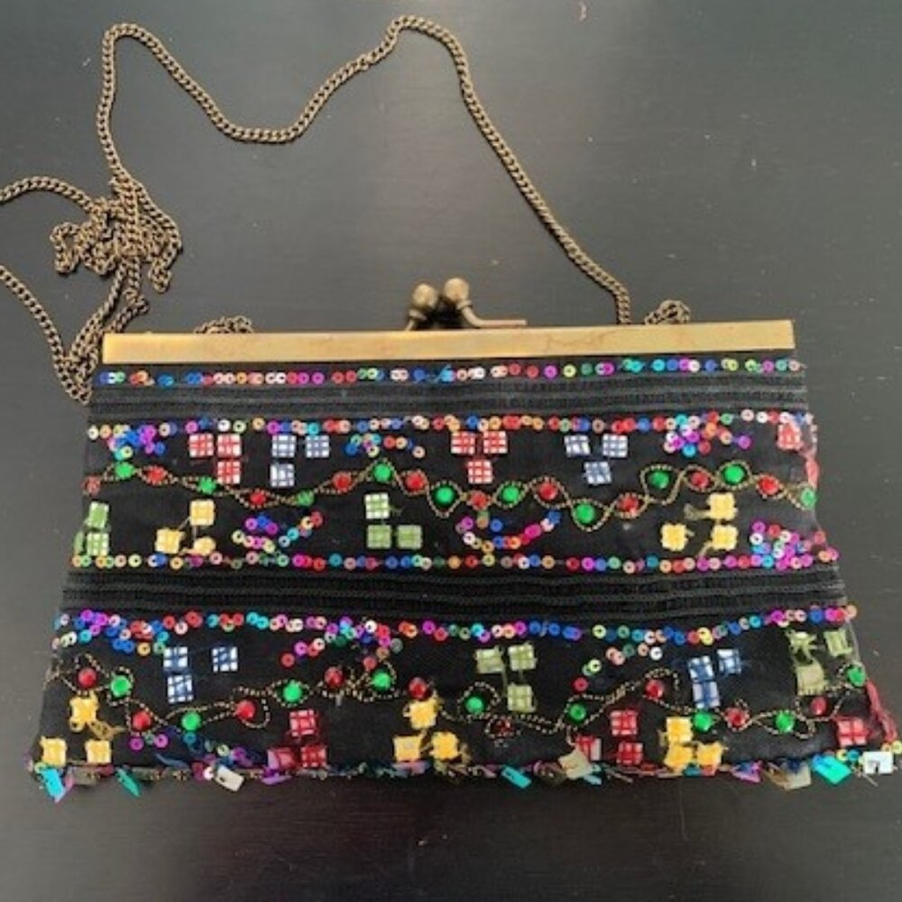 Black Silk Sequin Evening Clutch